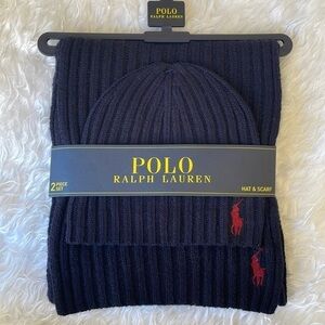 Brand New Polo Ralph Lauren 2-Piece Wool Hat & Scarf Set Navy Blue Deep Red Pony